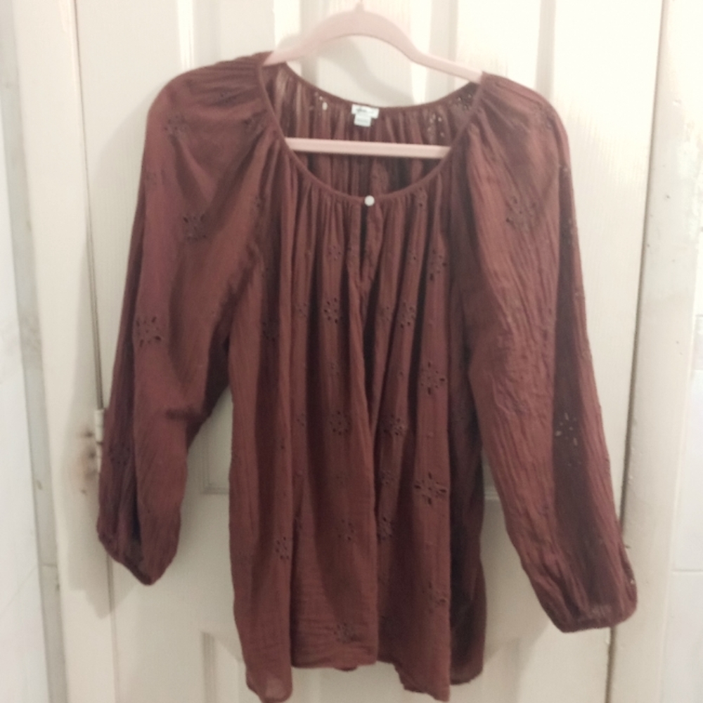 Aerie Chocolate Brown Eyelets Peasant Top Size Medium